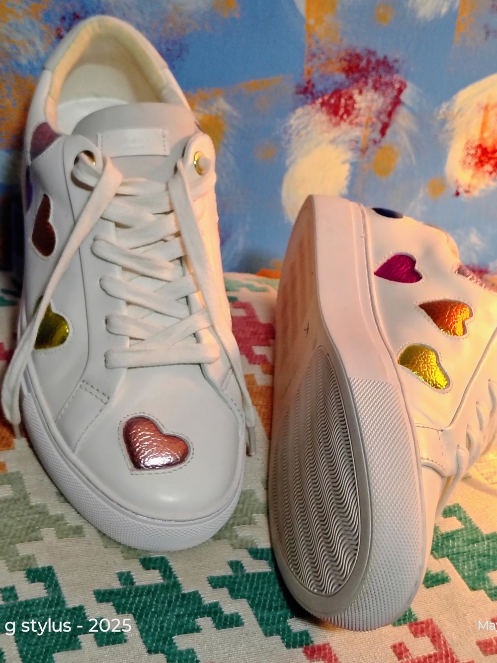 😎🔥🔥 KURT GEIGER - White Leather Sneakers with Metallic Leather Hearts 🌈 - Picture 13 of 15